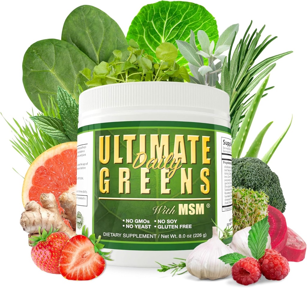 Salud diaria, Últimos Verdes con MSM Powder, Vegan Friendly Natural Ingredientes Gluten Soy Gratis NO GMO Superfood Vegetable Nutrición Bebida Alkalizing Energy 8oz 1 Pack (1 Month Supply)
