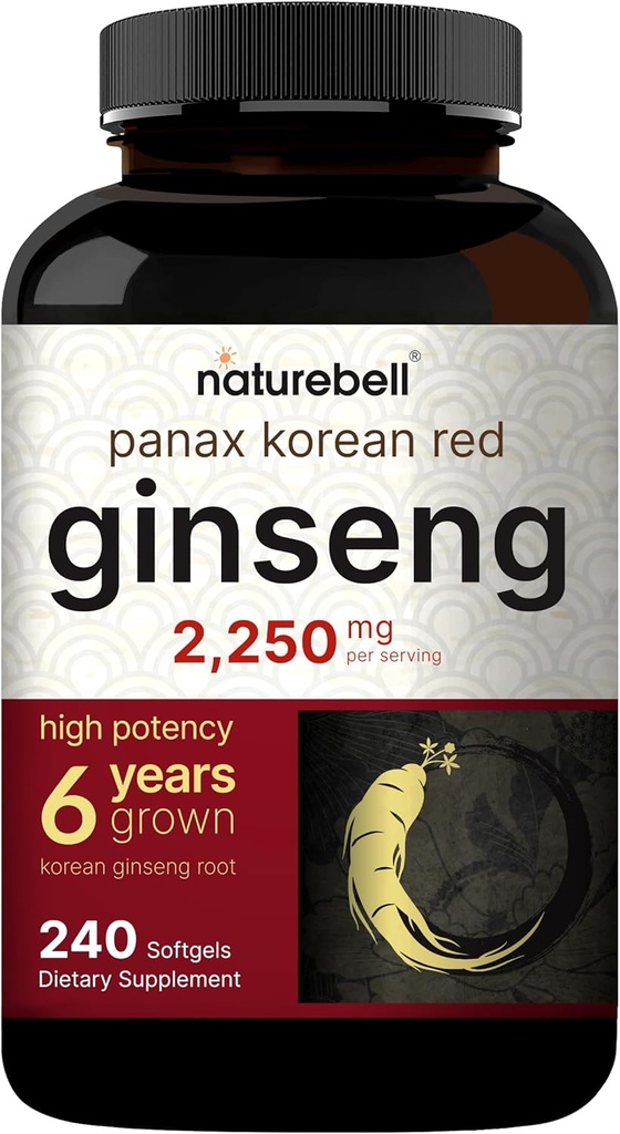 NatureBell Korean Red Ginseng 2,250mg Por Serving, 240 Softgels ¦ Panax Ginseng Root, Standardized to 10% Ginsenosides, Non-GMO, Support Energy, Male Performance, & Immune System