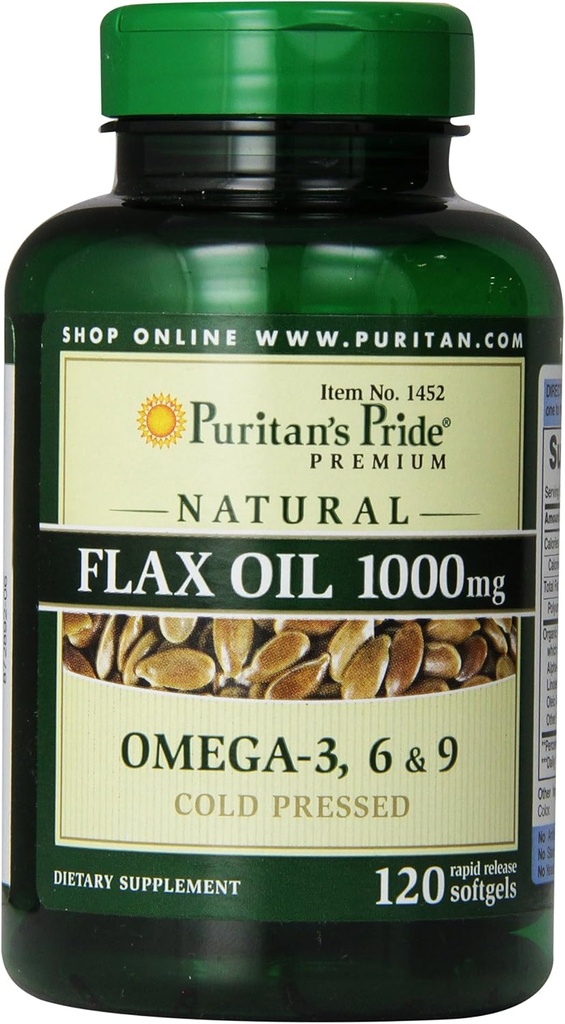 Puritan's Pride Premium Natural Flax Oil 1000 mg Omega-3, 6 &amp; 9 Cold Presionado, 120 Softgels