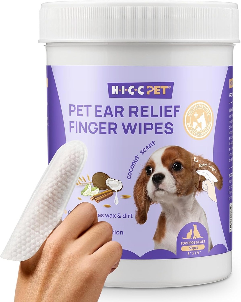 HICC PET Ear Limpiador de labios para perros &amp; gatos, Vet-Recomendado tratamiento de la infección del oído para aliviar la inflamación, quitar la cera, la mugre " Stop Smelly, no irritante, 50ct(Coco olor)