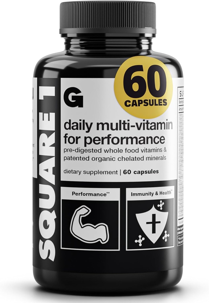 Gains in Bulk Square 1 Multivitamínico y Suplemento Mineral para Mujeres y Hombres, Vitaminas, Enzimas Digestivos y Minerales Orgánicos para la Salud Musculo, Rendimiento y Apoyo Inmunitario, 60 cápsulas