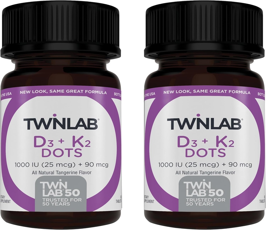 Twinlab Vitamin D3 1000 + K2 Dots - Bone & Heart Health - Immune Support - 25 mcg, 60 Tablets (1000 IU) (2 Pack)