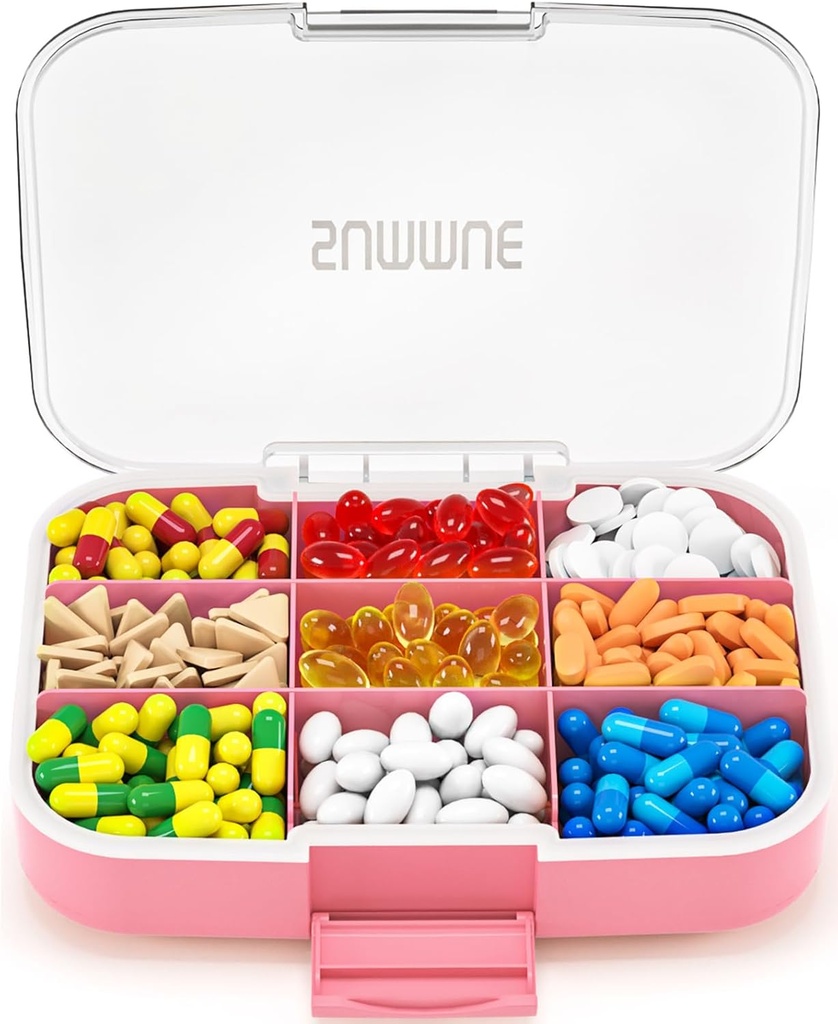 Gran organizador de píldoras, 9 compartimentos Caja de carga de viaje portátil Moisture Proof, XL Pill Container Holder for Vitamins, Cod Liver Oil, Suplementos, Medication (Pink)