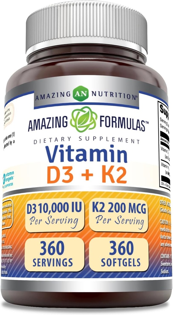 Fórmulas asombrosas Vitamina D3 10000 UI con Vitamina K2 200 Mcg TENIDO D3 + K2 Suplemento Complejo TENIDO No-OMG ANTE Gluten-Free TEN Made in USA (1 Pack, 360 Cuenta)