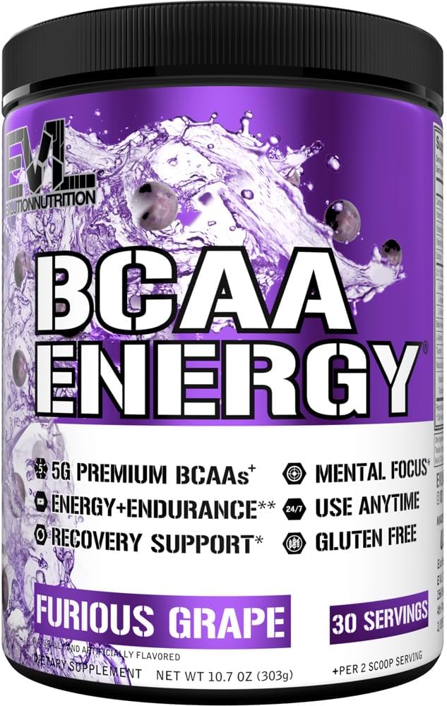EVL BCAAs Amino Acids Powder - BCAA Energy Pre Workout Powder para la recuperación muscular Crecimiento y resistencia - Rehidratación Post Recuperación Bebida con Caffeine Natural - Furious Grape