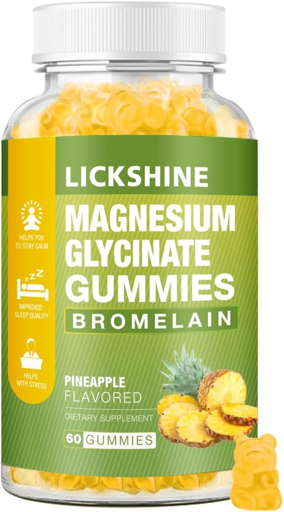 1 Pack Magnesium Glycinate Gummies 1000mg, Calcium, Potassium, Bromelain, Vitamin D, B6, CoQ10 Supplement for Relaxation, Calm Mood, Stress Relief and Sleep for Adults & Kids, 60 Counts