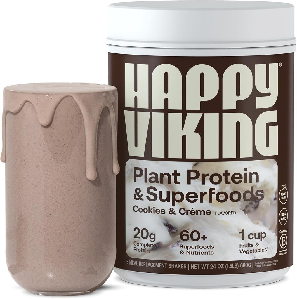 Happy Viking Cookies y Cream Plant Protein Powder, Creado por Venus Williams, 20G Protein, Low Carb, Keto, Vegan, Gluten-Free, Non-GMO, Superfoods, Complete Meal Replacement, 1 Canister