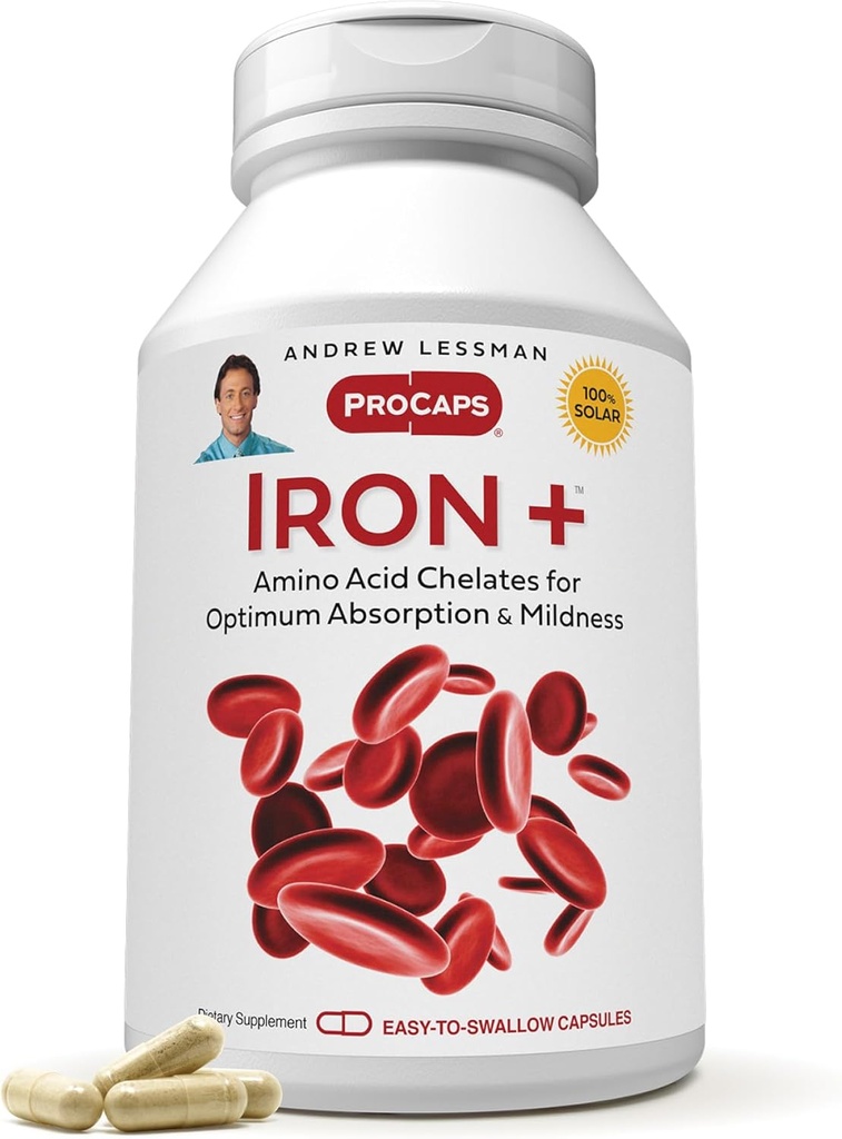 ANDREW LESSMAN Iron Plus 180 Capsules - 18mg Hierro, 100% Aminoácidos puros Hierro Chelatado (Glycinate, Aspartate), Plus Vitamina C para el aumento de la absorción, pequeña, fácil de absorber cápsulas, sin aditivos