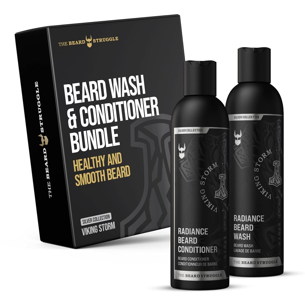 The Beard Struggle - Radiance Beard Wash &amp; Conditioner Bundle - Silver Collection - Pack of 2, Viking Storm - Nourish, Cleanse, Softens, &amp; Fortalece la barba - Beard Wash and Conditioner for Men