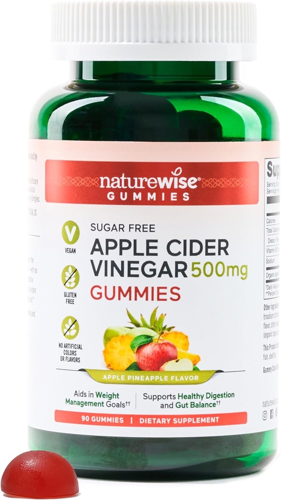NatureWise Apple Cider Vinegar ACV Gummies - 1000mg ACV por 2, Sugar Free, Vegan - Energy & Gut Health - ACV Gummies W/Vitamin B12-90 Gummies[1.5-Month Supply for 1000mg / 3-Month Supply for 500mg]