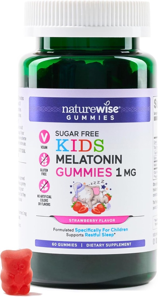 NatureWise Kids Melatonin 1 mg Gummies gratis de azúcar para niños Edades 4 &amp; Up - Non-Habit Forming Sleep Aid - Strawberry Flavored - Vegan, No Gluten, Non-GMO - 60 Conde[2-Month Supply]