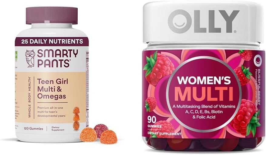 SmartyPants Teen Girl Multivitamin Gummies with Omega 3 Fish Oil, Vitaminas D3, C, B12, B6, A, K, Zinc &amp; OLLY Women's Multivitamin Gummy with Vitamins A, D, C, E, Biotin, Folic Acid, Berry Flavor