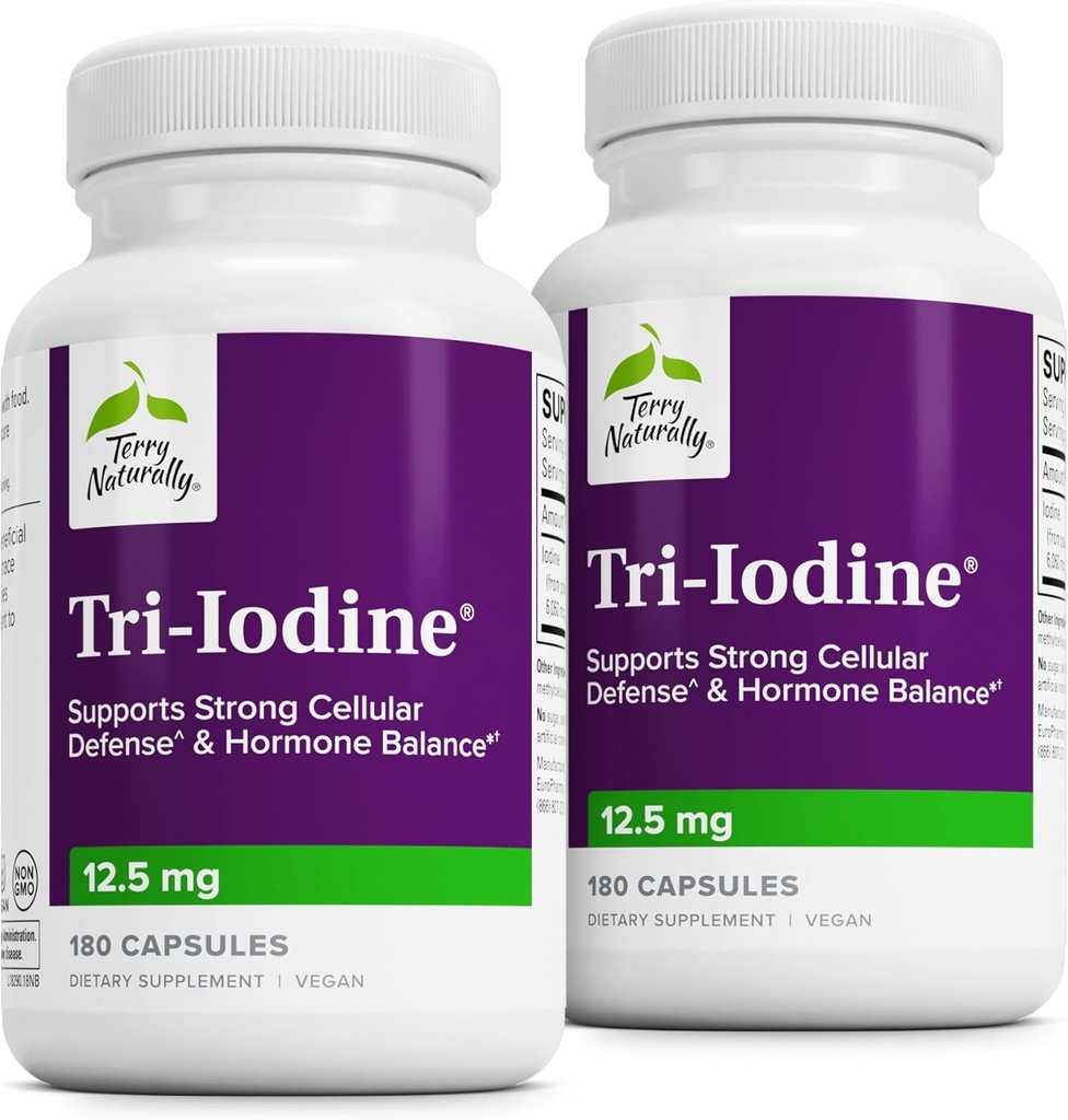 Terry Naturalmente Tri-Iodine - Ayuda a la salud tiroidea con Iodide de Potasio & Iodide de Sodio - Ayuda equilibrio hormonal con yodo molecular de Kelp - Brain & Energy Support - 12.5mg, 180 cápsulas (Pack de 2)