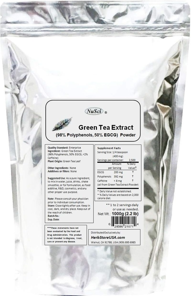 Green Tea Extract Bulk Powder Standardized 98% Polyphenols and 50% EGCG GMO Free Non-Irradiated (1000 gram (2.2 lb))