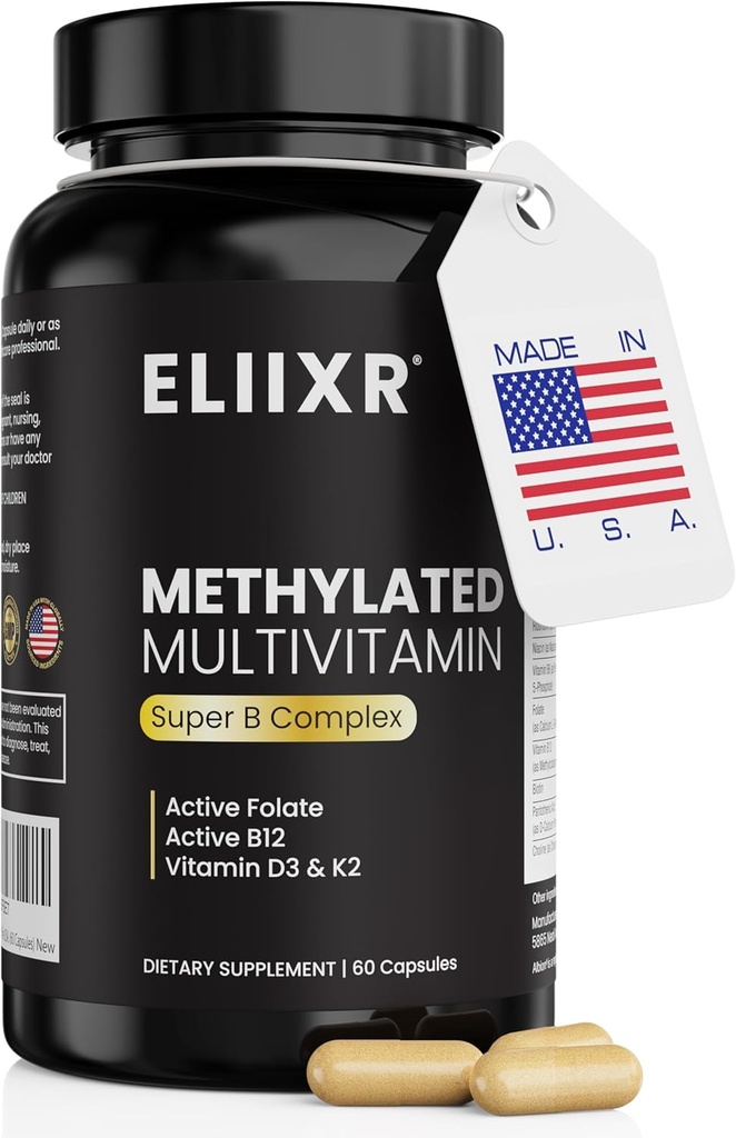 Eliixr Methylated Multivitamin Supplement for Men and Women, con 1500mcg de Active Folate y 500mcg de Active B12 en cada cápsula. 60 cápsulas, 60 días de suministro, Iron Free, Made in The USA