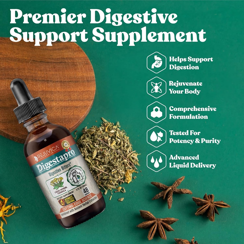Rejuvica Health DigestaPro - Advanced Digestive Bitters Supplement - Liquid Delivery for Better Absorption - Gentian, Artichoke, Burdock, Chanca Piedra, Ginger &amp; More!