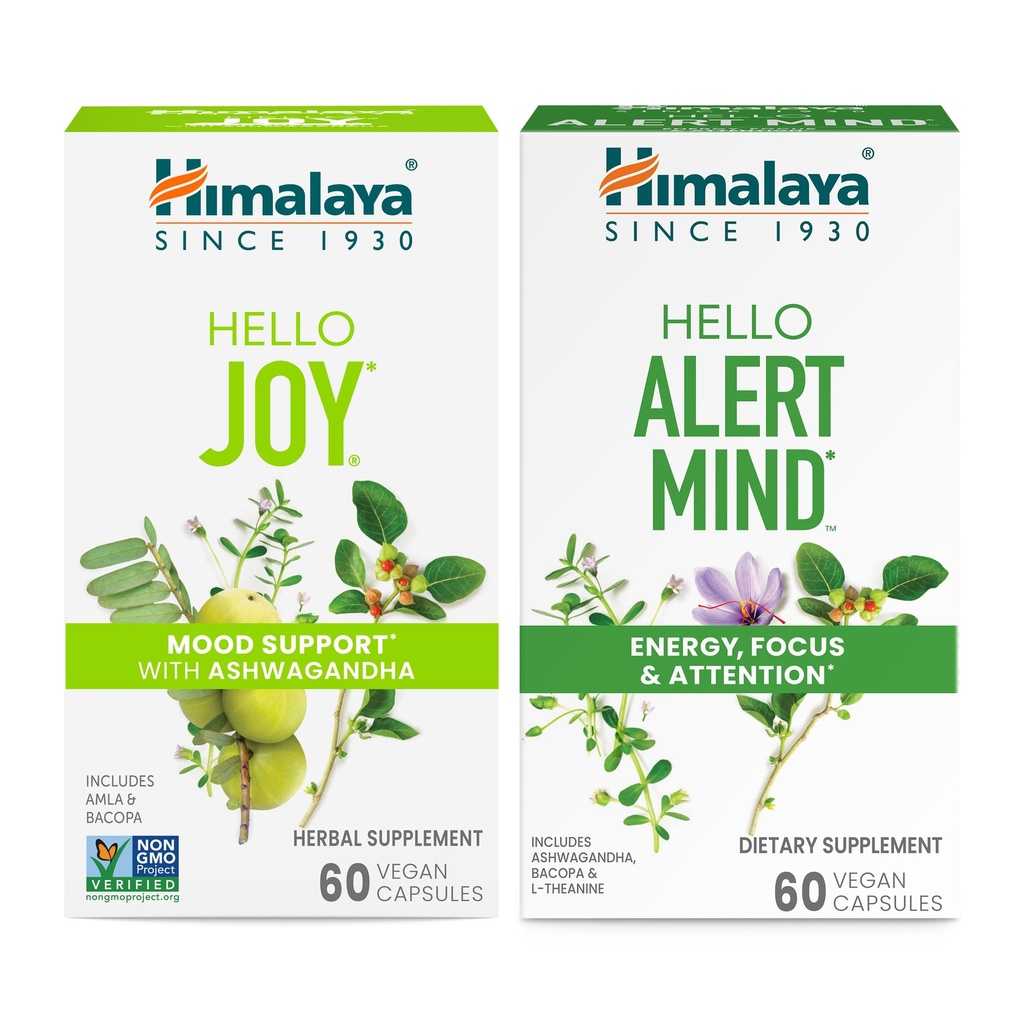 Himalaya Hello Joy with Ashwagandha for Improvement Mood and Spirits & Himalaya Hello Alert Mind with Bacopa for Energy, Focus &amp; Atención, Herbal Supplement, 60 Capsules Cada uno