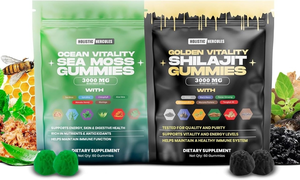 Holistic Hercules Sea Moss & Pure Himalayan Shilajit Gummies Gold | 100% Natural Organic Vegan | No Added Sugar | Ashwagandha Tongkat Ali Ginseng Spirulina Moringa Manuka Honey | 60 Gummies 2 Pack