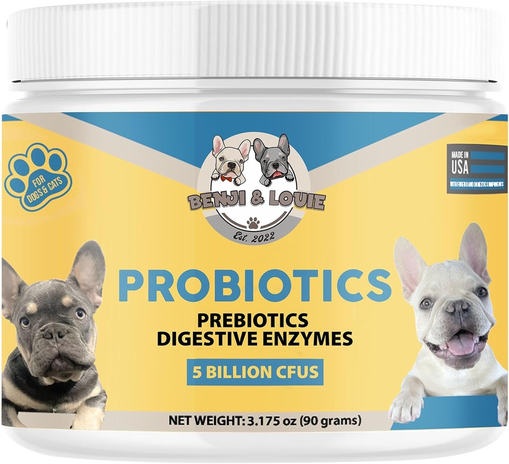 Probióticos de perros, Probióticos de gato, Probióticos para perros, Probióticos para gato, 5 Billones CFUs + Prebióticos + Enzimas digestivas para la salud digestiva &amp; soporte de inmunodeficiencia, piel " , Probiótico de perro, 90 gramos