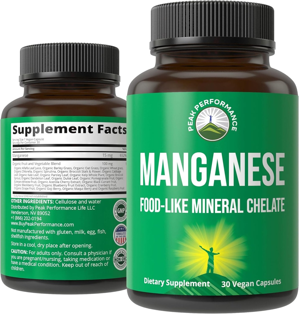 Manganese Supplement Food Like Mineral Chelated For Superior Absorption With Whole Food Blend Of 25+ Fruits & Vegetables. Pure Trace Mineral Capsules For Connective Tissue, Bone Health, Enzyme Support