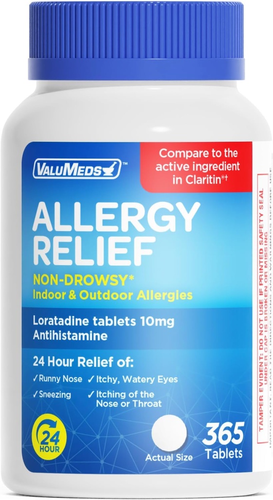 ValuMeds Loratadine 10mg Non-Drowsy 24-Hour Alergy Relief Indoor &amp; Outdoor  All-Day Antihistamine Alergy/Sinus Pills for Runny Nose, Sneezing, Itchy, Watery Eyes  Compare to Claritin ANTE 365 Tablets