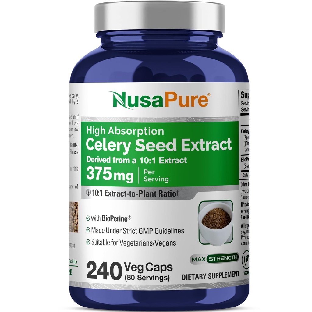 NusaPure Celery Seed Capsules 10:1 Extracto, 375 mg Equivalente a 3750mg, 240 Veggie Caps, Non-GMO, Vegan