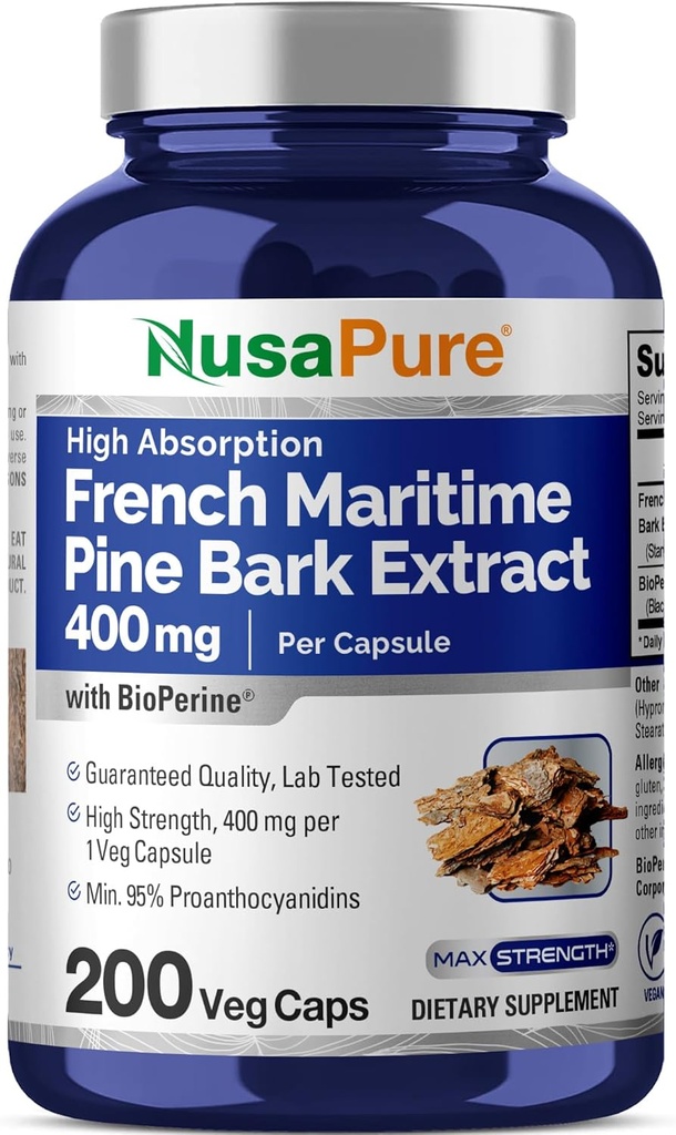NusaPure Francés Marítimo Pine Bark Extracto 400mg por Veggie Caps 200-Day Supply Bioperine Non-GMO Vegan