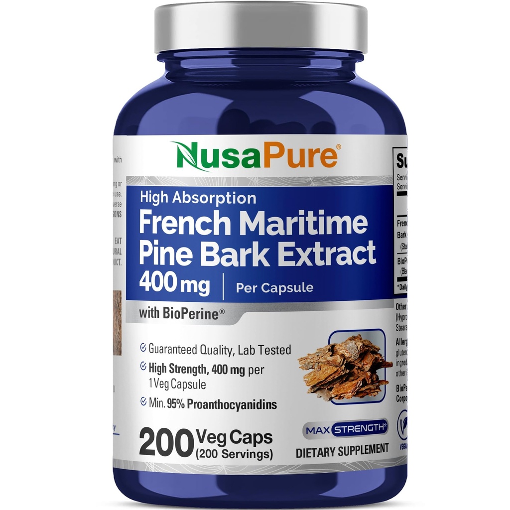 NusaPure Francés Marítimo Pine Bark Extracto 400mg por Veggie Caps 200-Day Supply Bioperine Non-GMO Vegan