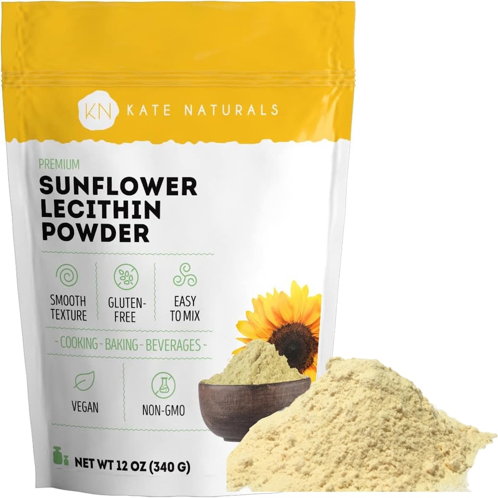 Kate Naturals Sunflower Lecithin Powder para Hornear Pan, Gummies, Cocina. Suplemento de Lecithin para Ducts de Leche Clogged. Sustituto para Powder de Soy Lecithin (12oz, Non-GMO)