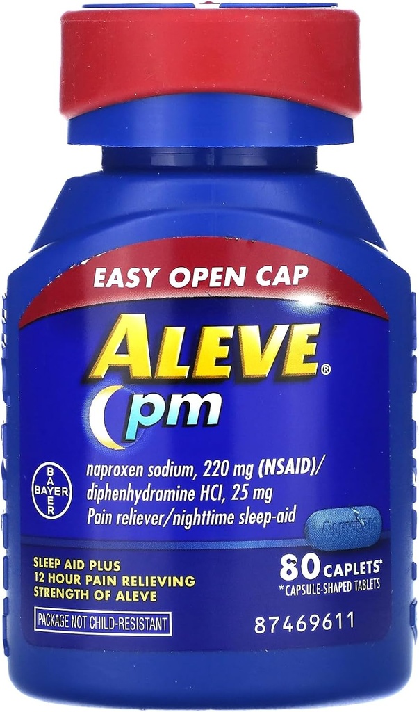 Aleve PM Caplets, Naproxen Sodium 220 mg (NSAID)/diphenhydramine HCl 25 mg, Doin Reliever/Nighttime Sleep-Aid, Non-Habit Forming, 80 Conde