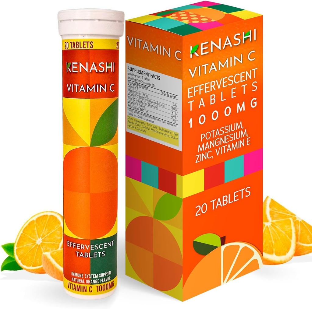 Vitamina C 1000mg Tablas efervescentes Vitamina con Potasio Zinc Magnesio E Vitamina C Efervescente para Adulto Zinc y Vitamina C 20 Tablas