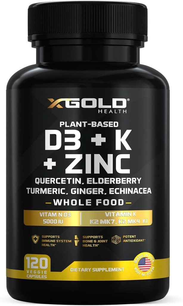 Vitamina D, K2, K1, Zinc, Quercetin, Elderberry, Turmeric, Ginger &amp; Echinacea Suplemento Alimentario completo 8 en 1- D3 5000 UI Planta-Basada de Lichen, Vitamina K (K2 MK7, MK4, K1), D3 K2 Vitaminas -120 cápsulas