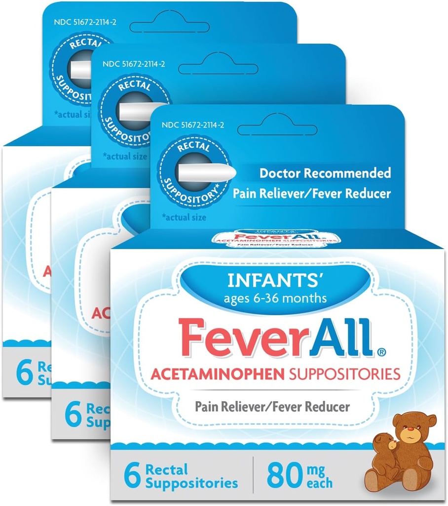 Feverall Infant Acetaminophen Suppositories 6 Rectal Suppositories 80mg Cada Doin Reliever/Fever Reducer. Paraben Free, No Artificial Colors u otros conservantes. Edades 6-36 meses. Valor 3 Pack.
