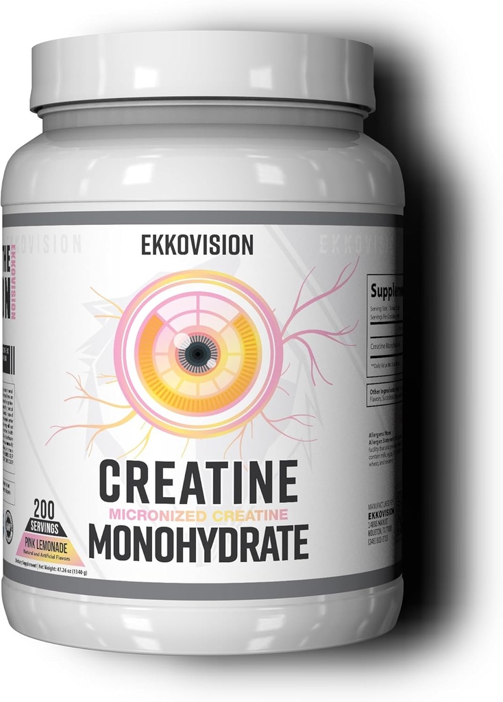 Ekkovision Creatine Monohydrate Powder, Micronized, Pink Lemonade, Pre Workout &amp; Post Workout Suplemento para Hombres y Mujeres, Energy Support, Easy to Mix in Shakes, Smoothies & Beverages, 200 Servings