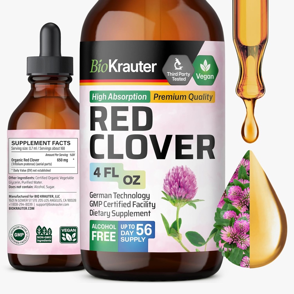 BIO KRAUTER Red Clover Tincture - Red Clover Extract - Suplemento líquido para el apoyo de las mujeres - Alcohol y azúcar gratis - Vegan Drops 4 Fl.Oz.