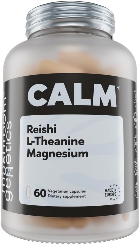 Mushroom Genetics Reishi, L-Theanine &amp; Magnesium Supplement – Adaptogenic Mushroom Capsules  Stress Relief Supplement for Relaxation, Sleep &amp; Immune Health ← Brain Wellness Support ← 60 Capsules