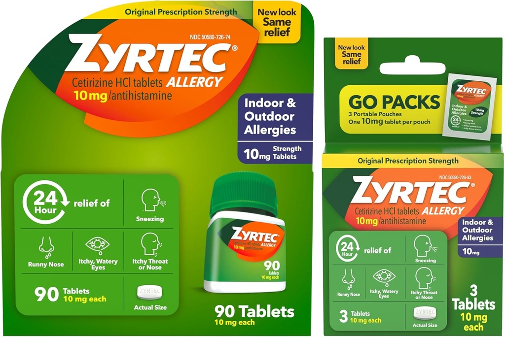 Zyrtec 24 horas Alivio de Alergia Tabletas, Indoor &amp; Alergia al aire libre Medicina con 10 mg Cetirizine Hydrochloride Antihistamine, Value Bundle of one, 90 ct Bottle & Three, 1 ct Travel Packs