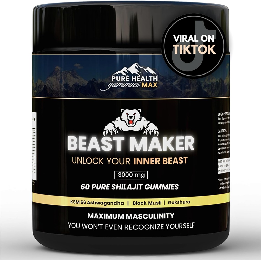 Beast Maker - Pure Shilajit Gummies for Men ← Natural Himilayan Organic Shilajit Authentic Male Enhancement Supplement with Ashwagandha, Black Musli, Gokshura ← 60 Gummies