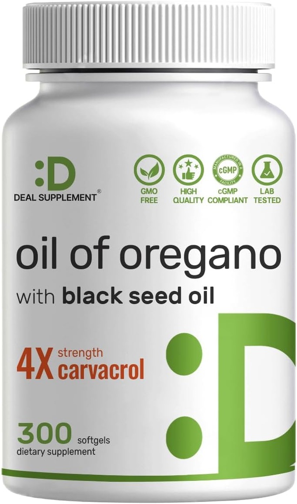 DEAL SUPPLEMENTO Oil of Oregano Softgels with Black Seed Oil 300 Count – 30:1 Extract, Active Carvacrol & Thymoquinone – Antioxidant Immune Health Support – Plant Based, Non-GMO
