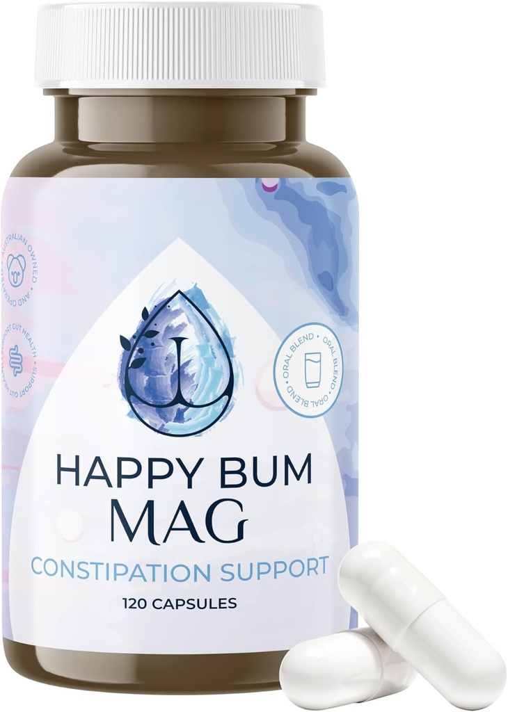 Happy Bum MAG Magnesium Oxide for Constipation for Women and Men ¦ Gentle Magnesium Constipation Relief " Colon Cleansing Support, Softens Stool, and Eases Bloating ¦ 120 Capsules