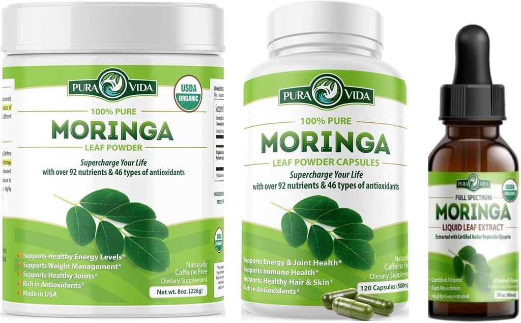 PURA VIDA MORINGA Powder 8 oz Capsules (120 Count) and Moringa Leaf Extract Drops (2fl oz)