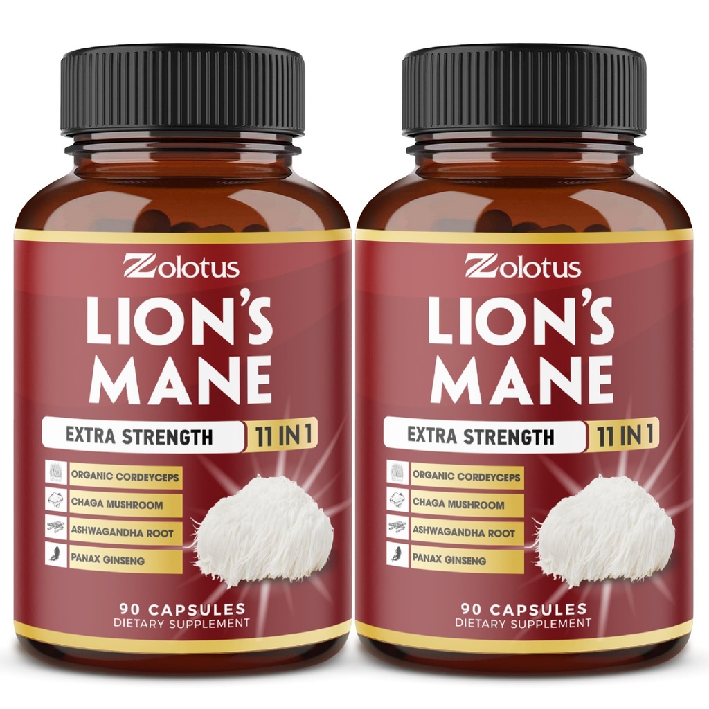 Zolotus 2 Packs 90 Capsules Lions Mane Mushroom Suplemento, 6 Month Supply con Cordeyceps, Reishi, Ashwagandha, Focus, Memory and Brain Support Suplemento, Immune Support, Energy Pills