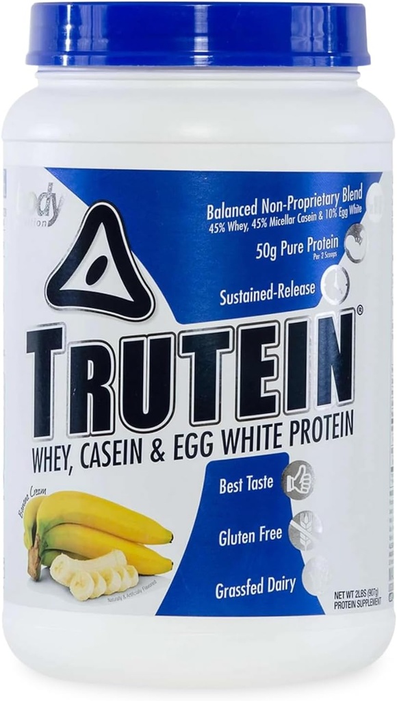 Body Nutrition Trutein High Protein Powder: 45% Whey, 45% Casein, 10% Egg White, Gluten-Free, Low Sodium, Grass Fed Whey Protein Powder, Gym Supplement & Breakfast Shake, Banana Cream, 2lb