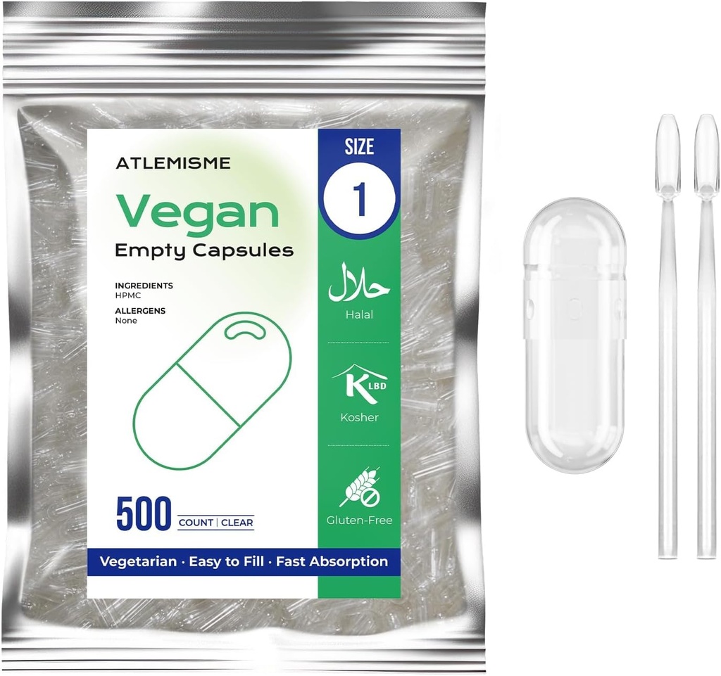 Empty Vegan Capsules Talla 1, 500-Count DIY Vegetable Capsules for Filling ¦ Incluye 2 Micro Lab Spoons