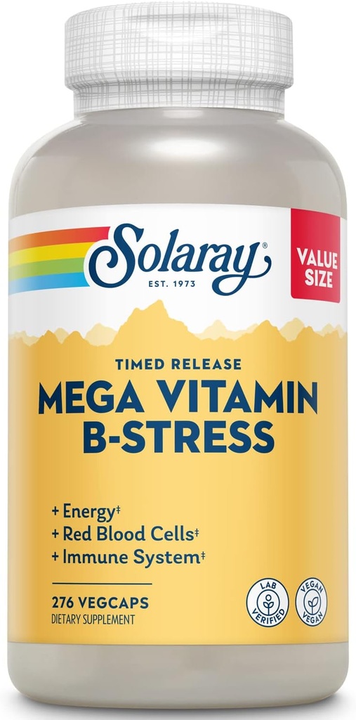 SOLARAY Mega Vitamina B-Stress - Timed Release Vitamin B Complex w/Vitamin B12, B6, Folic Acid, VIT. C - Stress, Energy, Red Blood Cell, Immune Support - Vegan, 60-Day Guarantee (276 CT)