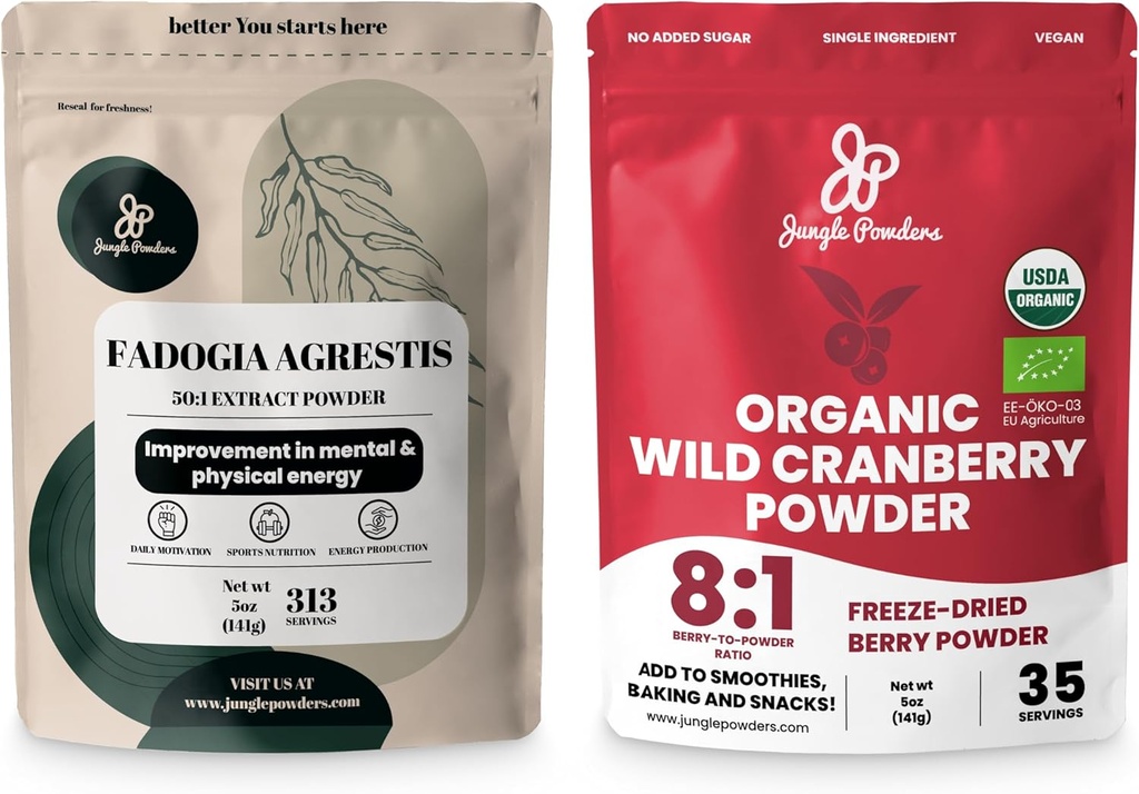 Polvos Jungle Ultimate Hombres Wellness Duo: 5oz Fadogia Agrestis Extracto &amp; 5oz Polvo de arándano orgánico de arándano - Suplemento de Fadogia Nigeriana para Drive & Passion, USDA Certified Cranberry Superfood