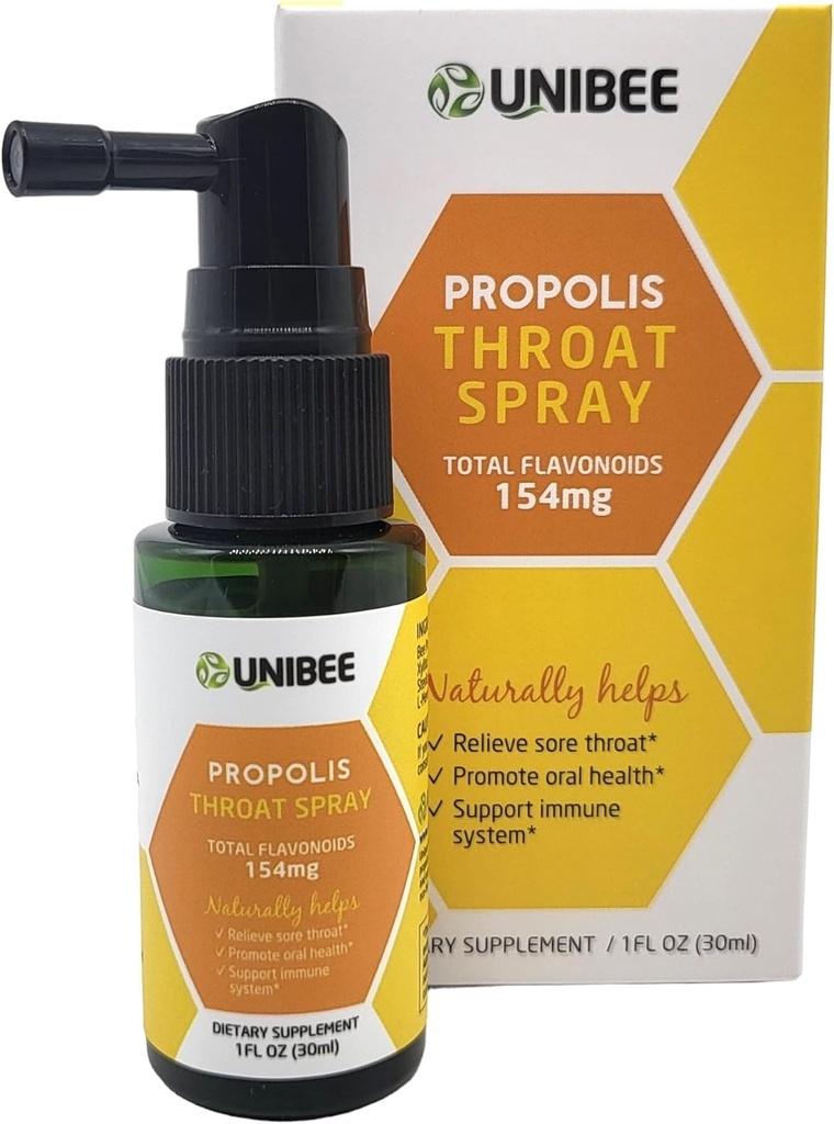 UNIBEE Propolis Throat Spray (Total Flavonoids 154mg) - Sore Throat Relief, Oral Health Promotion, Natural Immune Support, Alcohol-Free &amp; Water-Soluble Propolis