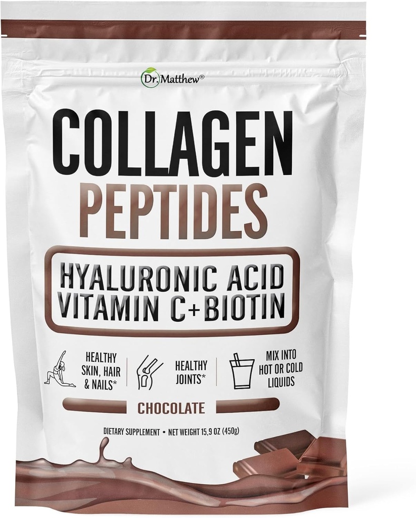 Chocolate Collagen Powder. Colágeno con ácido hialurónico y vitamina C. Chocolate Collagen Peptides Powder Chocolate. Colágeno con vitamina C &amp; Biotina para el cabello, la piel, las uñas, la articulación. Keto, Tipo 1 y 3.