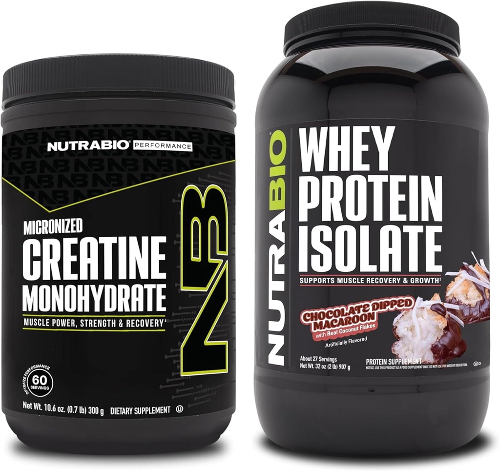 NutraBio Monohidrato de Creatina, Desflavorado, 300g y Whey Protein Isolate, Chocolate Dipped Macaroon, Suplemento Bundle - Muscle Energy, Lean Muscle Growth, Recovery, and Strength