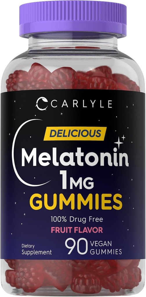 Carlyle Melatonin 1mg Gummies Silencio 90 Conde ← Fruit Flavor Gummy Suplemento  Vegan, Non-GMO, Gluten Free